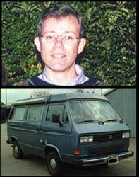 Photo of Dean Lewis in front of bushes. Also a photo of the 1987 Volkswagen