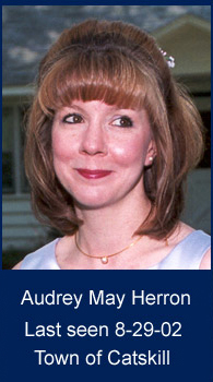 head photo of Audrey May in front of house - Text on photo: Audrey May Herron, Last Seen 8-29-02, Town of Catskill